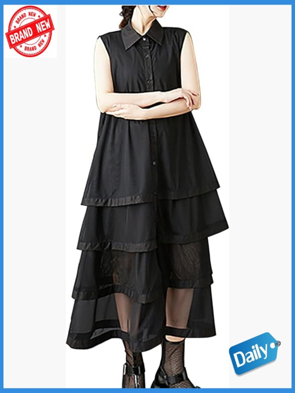 Sleeveless Button Down Shirt Dress with Lace Hem Flowy A-Line